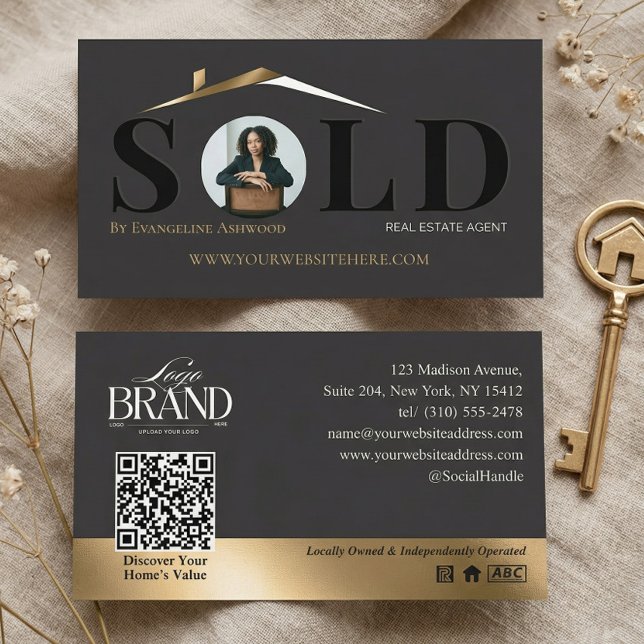 Sold Luxury Home Real Estate Agent Black Gold QR Business Card (Sold Luxury Home Real Estate Agent Black Gold QR Business Card)