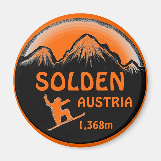Solden Austria orange snowboard art magnet (Front)