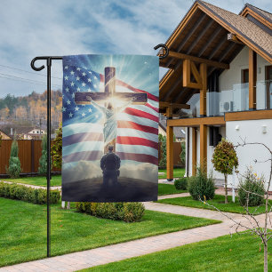 Soldier at Cross Patriotic Christian American Garden Flag