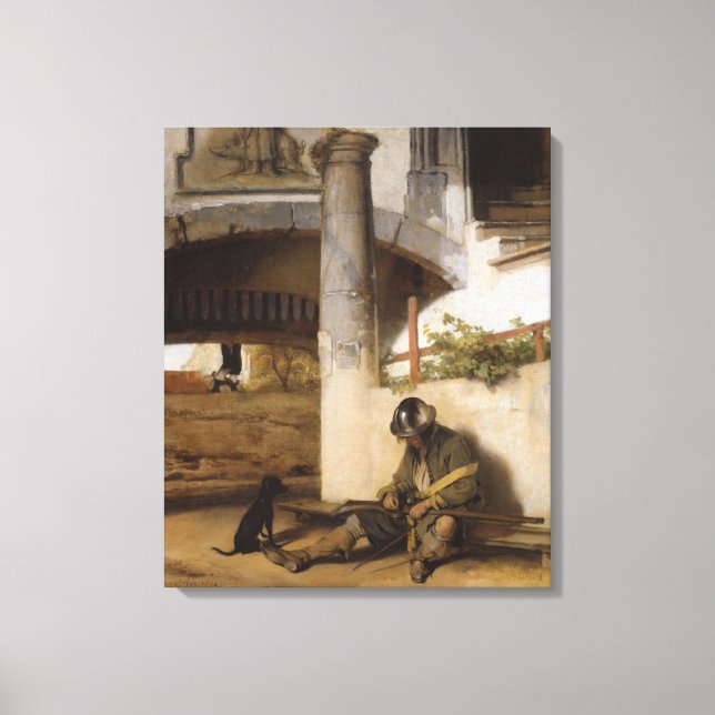 Soldier Guarding a Gate With his Pet Dog Canvas Print (Front)