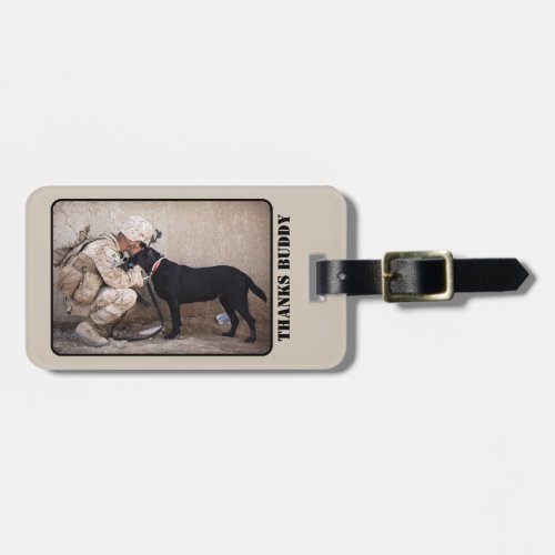 Soldier in Desert Camouflage with His Military Dog Luggage Tag