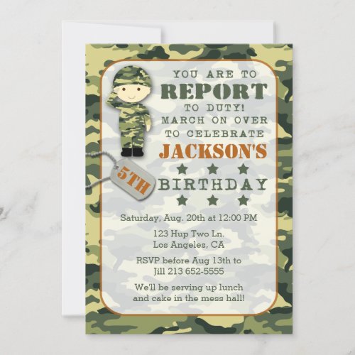 Soldier Military Camo Boy Birthday Invitation