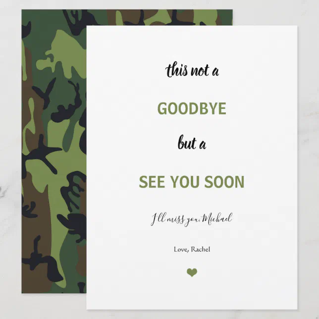 Goodbye Sign Army Soldier Military Camo Farewell Miss you Goodbye Card | Zazzle