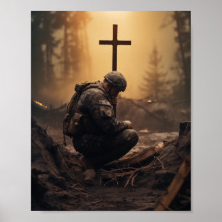 Soldier of God Holding a Wooden Cross Poster