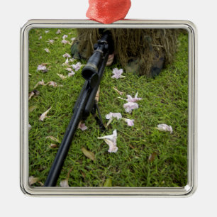 Soldier practices sniper tactics metal ornament