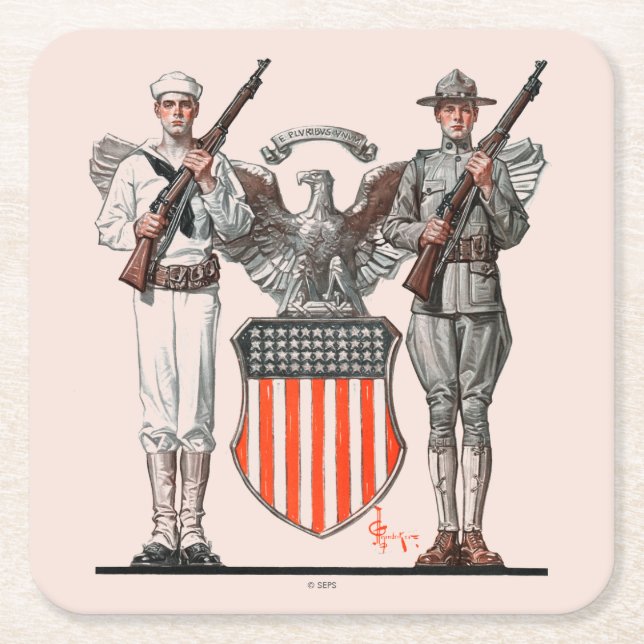 Soldier, Sailor and U.S. Shield Square Paper Coaster (Front)
