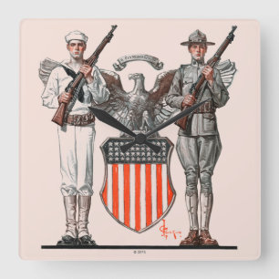 Soldier, Sailor and U.S. Shield Square Wall Clock