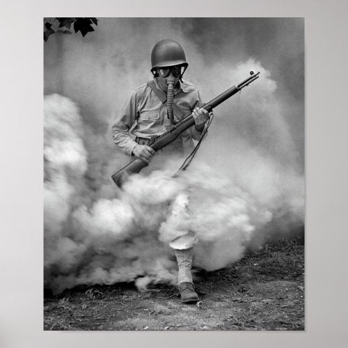 Soldier With Rifle During Gas Mask Training Poster