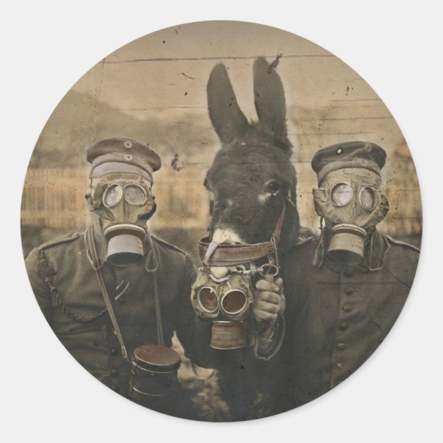 Soldiers Donkey and Gas Masks Classic Round Sticker (Front)