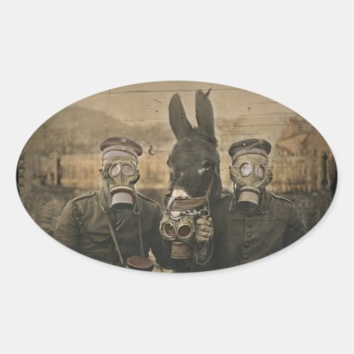 Soldiers Donkey and Gas Masks Oval Sticker
