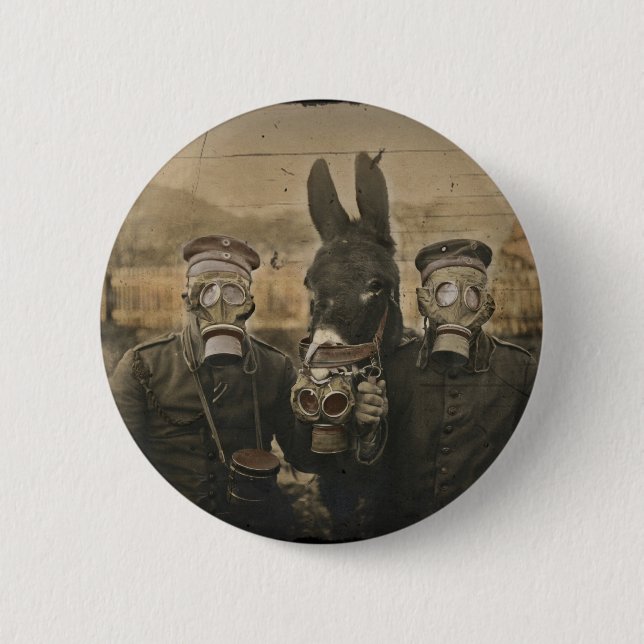Soldiers Donkey and Gas Masks Pinback Button (Front)