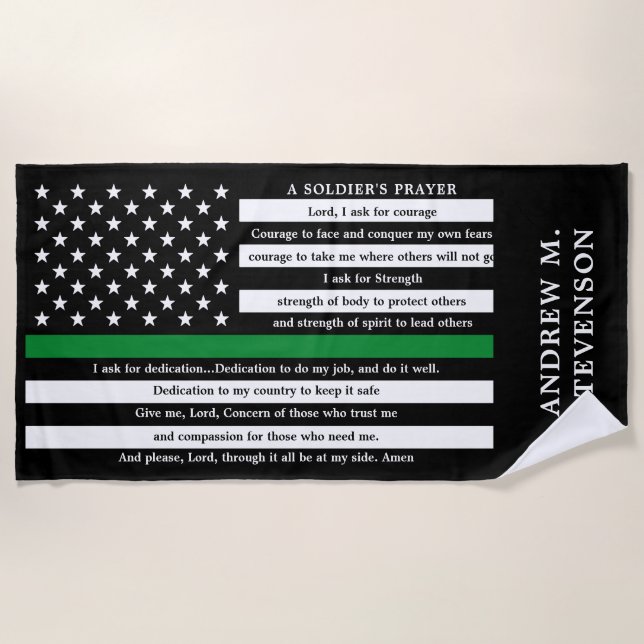 Soldiers Prayer Personalized Thin Green Line Beach Towel (Front)