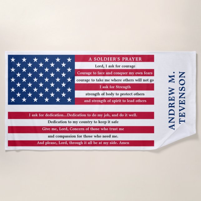 Soldiers Prayer Personalized USA American Flag Beach Towel (Front)