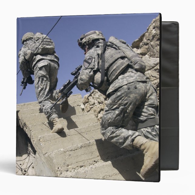 Soldiers running up staircase of a building 3 ring binder (Front/Inside)