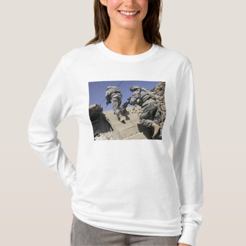 Soldiers running up staircase of a building T_Shirt