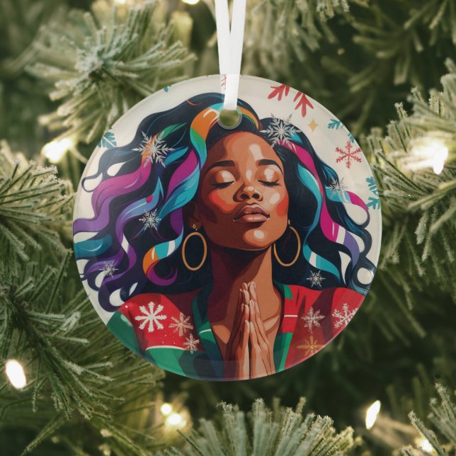 Solemn and Serene Christmas Black Woman Praying Glass Ornament (Insitu)