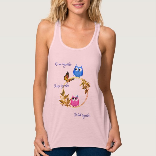 Solf Pink Customizable Butterfly Owl T-Shirt Tank Top (Front)