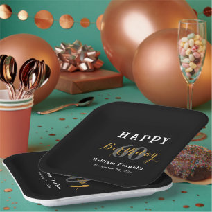 Solid Black 60th Birthday Party Celebration Square Paper Plates