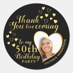 Solid Black and Gold 50th Birthday Thank You Classic Round Sticker