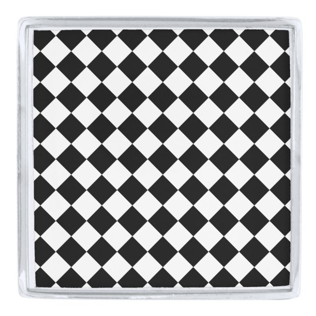 Solid Black and White Chevron Pattern Square Silver Finish Lapel Pin (Front)