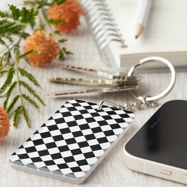 Solid Black and White Chevron Pattern Stylish Keychain (Front Right)