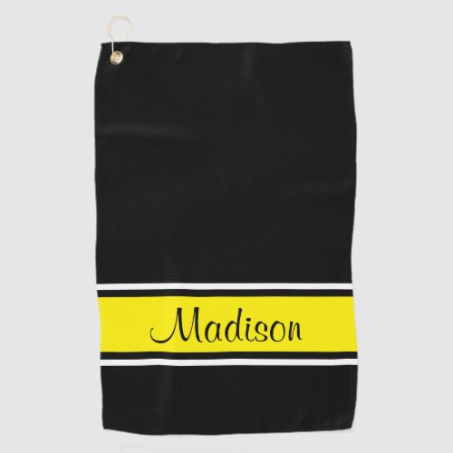 Solid Black Bright Yellow Stripe Script Name Golf Towel