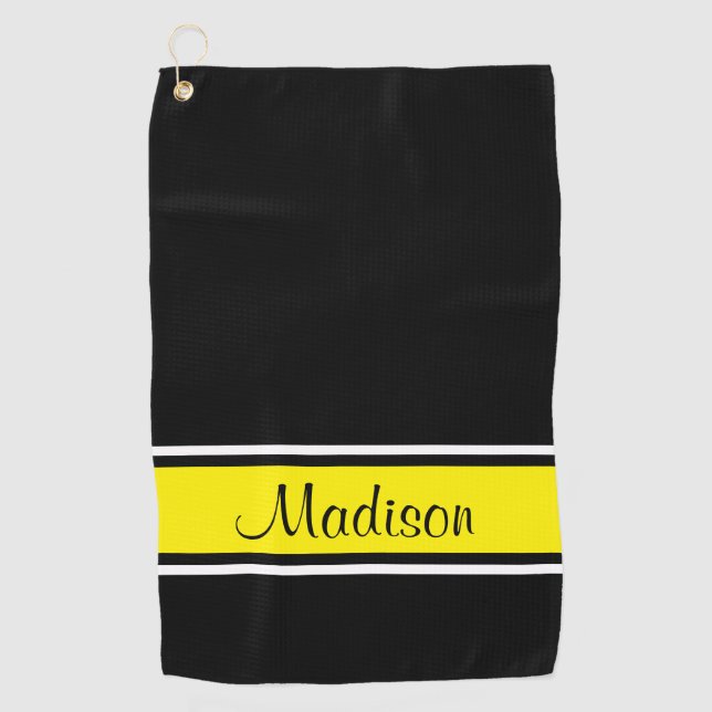Solid Black Bright Yellow Stripe Script Name Golf Towel (Front)