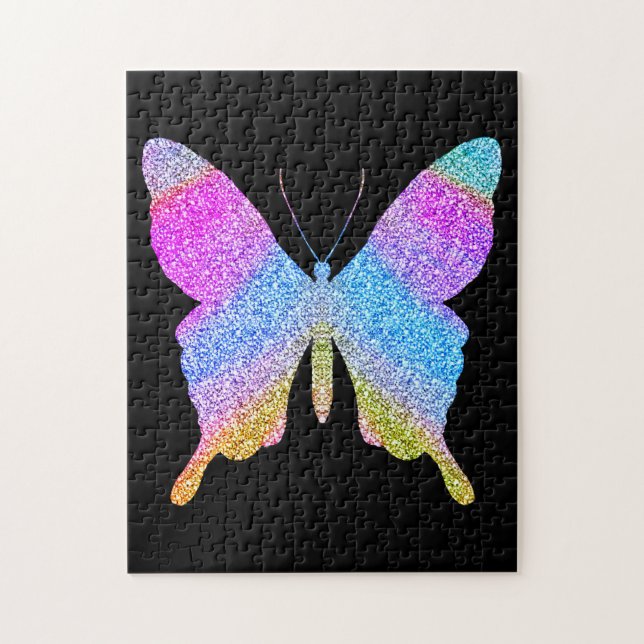 Solid Black Colorful Glitter Butterfly Fun Cute Jigsaw Puzzle (Vertical)