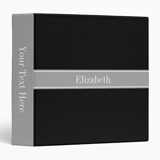Solid Black, Dark Gray Ribbon Name Monogram 3 Ring Binder (Front/Spine)