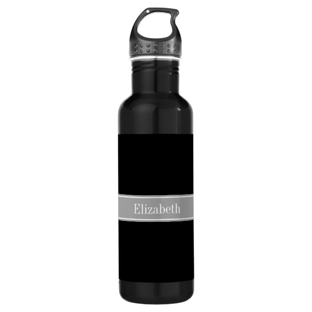 Solid Black, Dark Gray Ribbon Name Monogram Water Bottle (Front)