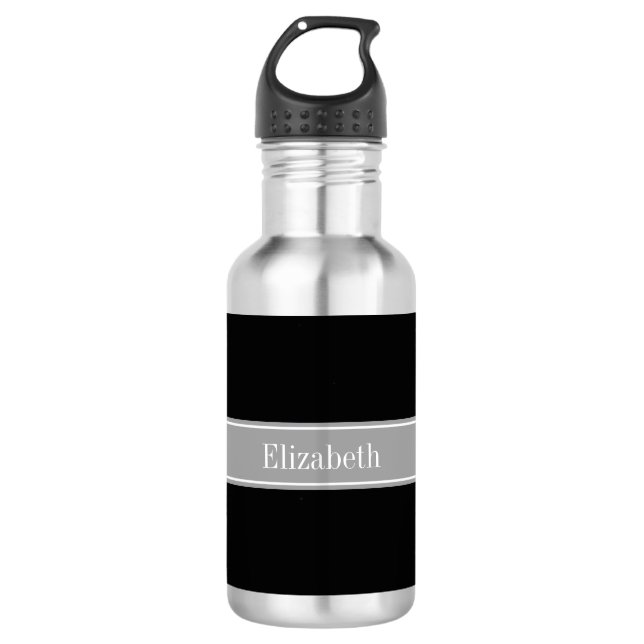 Solid Black, Dark Gray Ribbon Name Monogram Water Bottle (Front)