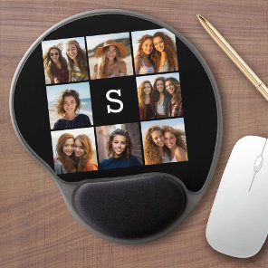 Solid Black Photo Collage Custom Monogram Gel Mouse Pad