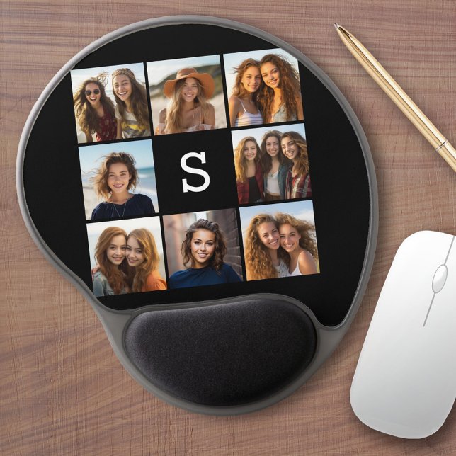 Solid Black Photo Collage Custom Monogram Gel Mouse Pad (Personalized photo mousepad)