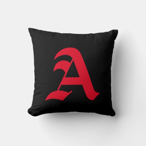 Solid Black Simple Minimalist Red Initial Monogram Throw Pillow