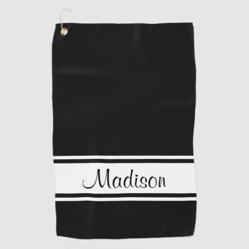 Solid Black White  Stripe Script Name Golf Towel