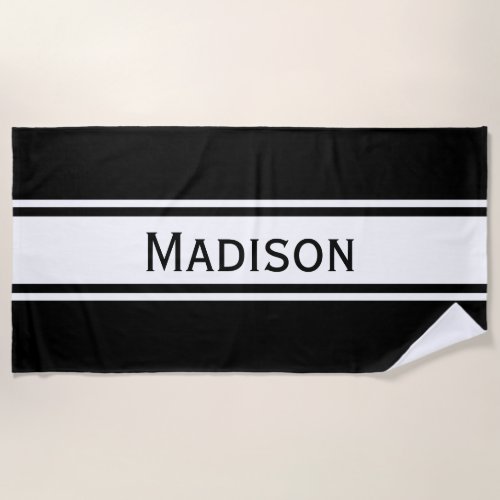 Solid Black White Stripes Modern Name Beach Towel