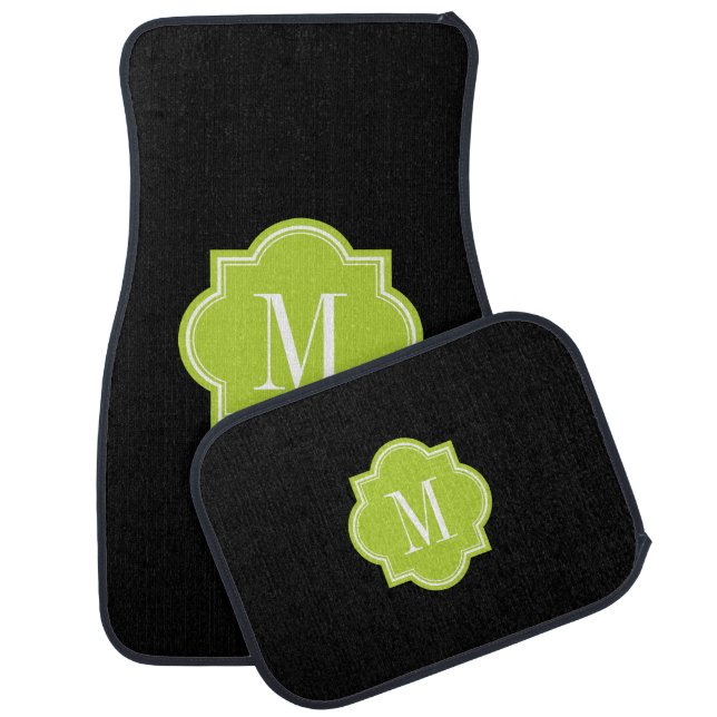 Solid Black with Lime Green Monogram Car Mat (Set)