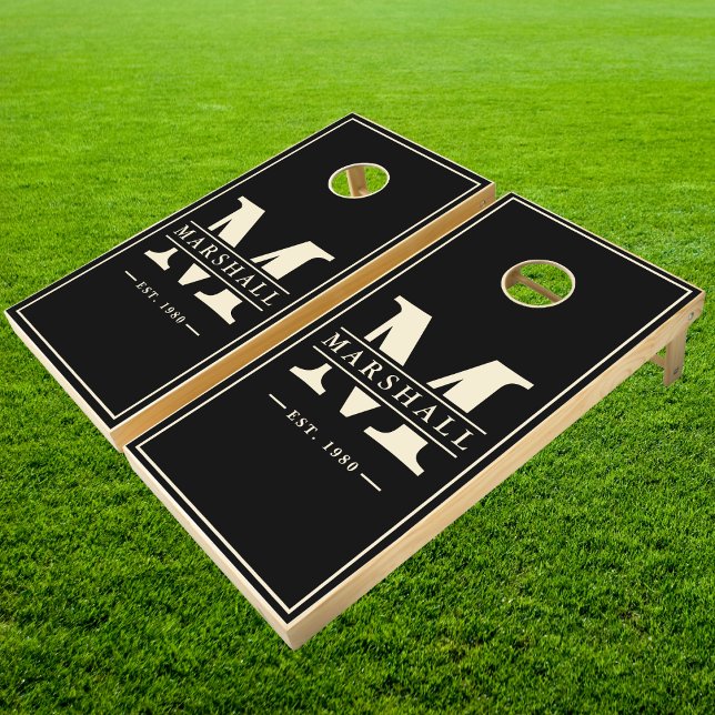 Solid Black with Name & Initial | Cream Cornhole Set (Creator Uploaded)
