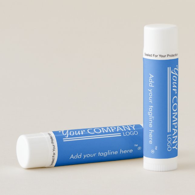 Solid Blue, White Logo Promotional Lip Balm (Front)