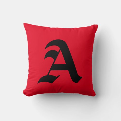 Solid Bright Red Simple Black Initial Monogram Throw Pillow
