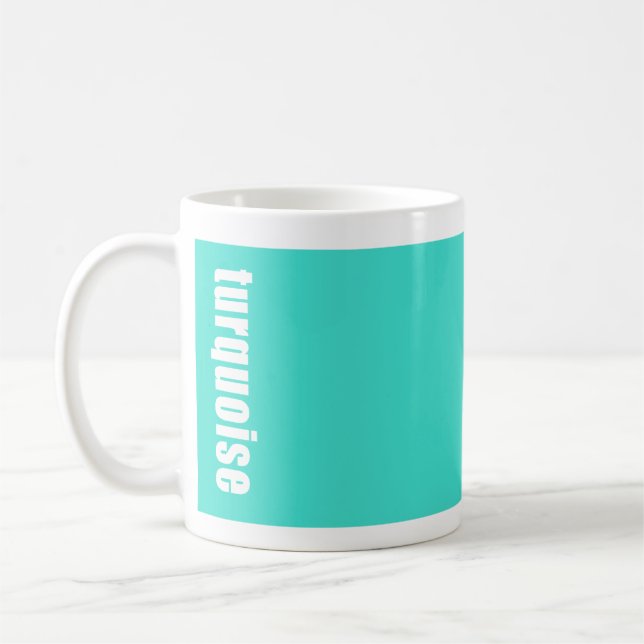 solid bright turquoise mug with the  colour name (Left)