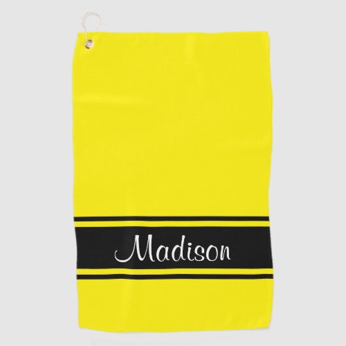 Solid Bright Yellow Black Stripes Script Name Golf Towel