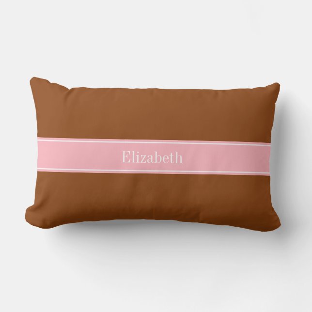 Solid Brown, Pink Ribbon Name Monogram Lumbar Pillow (Front)