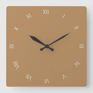 Solid Brown White Roman Numerals Square Wall Clock