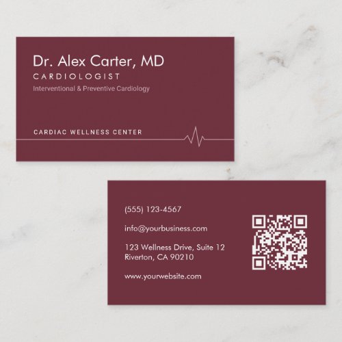 Solid Burgundy Heartbeat EKG Cardiologist Doctor Business Card