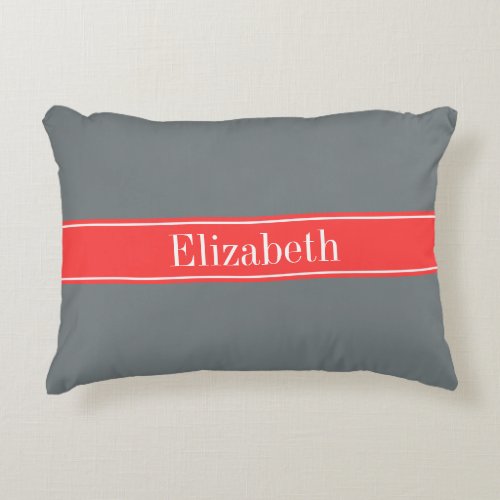 Solid Charcoal Gray Coral Red Ribbon Name Monogram Decorative Pillow