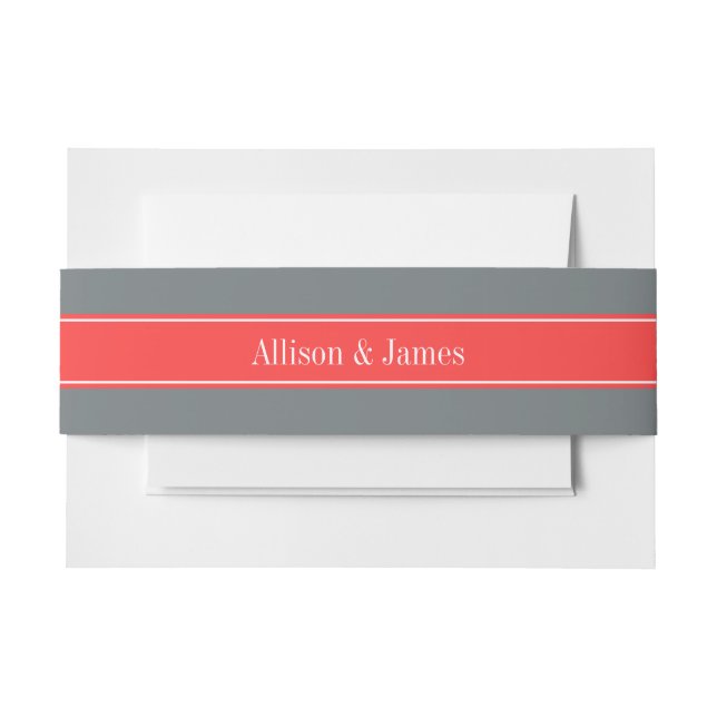 Solid Charcoal Gray Coral Red Ribbon Name Monogram Invitation Belly Band (Front Example)