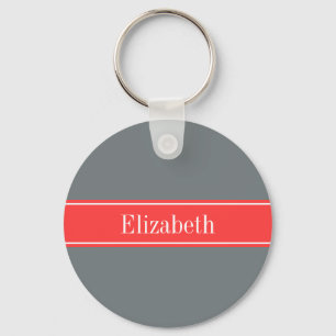 Solid Charcoal Gray Coral Red Ribbon Name Monogram Keychain