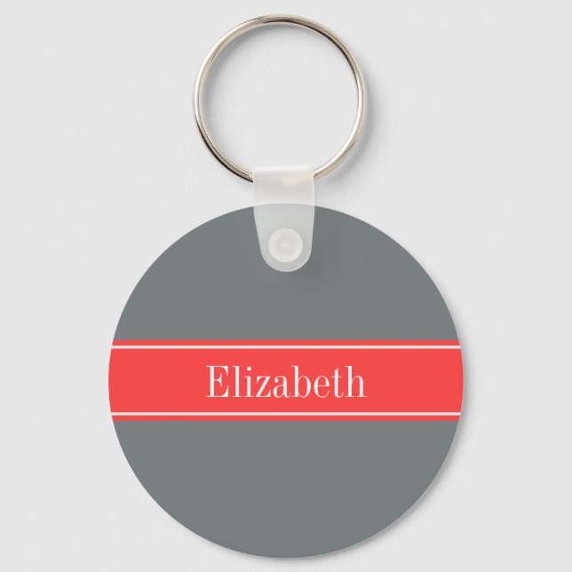 Solid Charcoal Gray Coral Red Ribbon Name Monogram Keychain (Front)