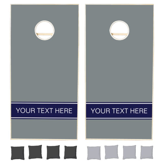 Solid Charcoal Gray Navy Blue Ribbon Name Monogram Cornhole Set (Set)